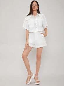 SHEIN Conjunto camisa de lino con shorts - Blanco - Ver 6