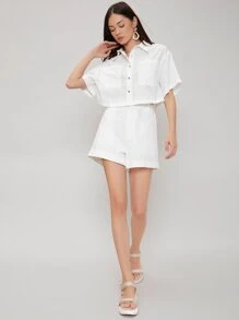SHEIN Conjunto camisa de lino con shorts - Blanco - Ver 7