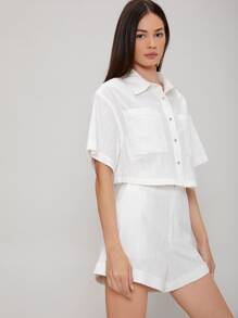 SHEIN Conjunto camisa de lino con shorts - Blanco - Ver 9
