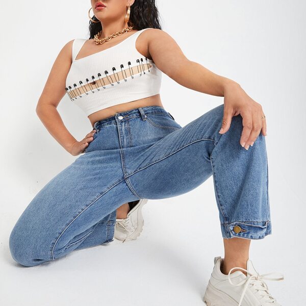 

Plus High Waist Ripped Detail Jeans, Medium wash