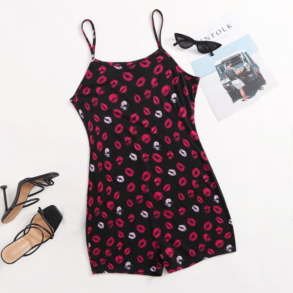 

Plus Allover Lip Print Cami Romper, Multicolor