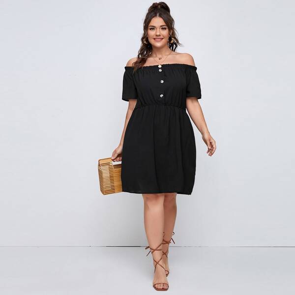 

Plus Button Half Off Shoulder Dress, Black