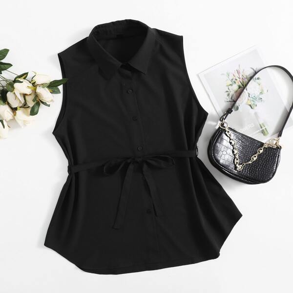 

Plus Button Front Belted Sleeveless Blouse, Black