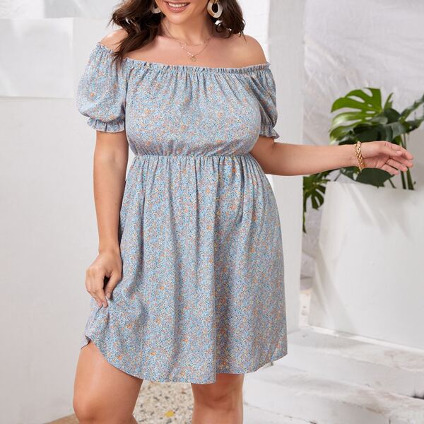 

Plus Ditsy Floral Print Frill Trim Bardot Dress, Multicolor