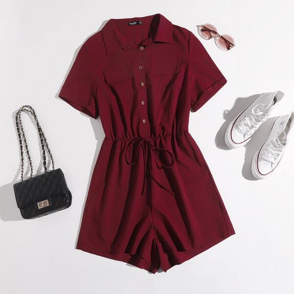 

Plus Fake Pocket Knot Waist Shirt Romper, Burgundy