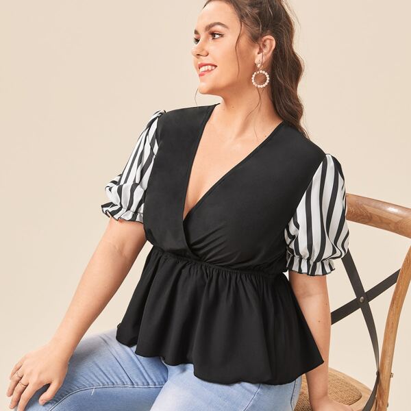 

Plus Contrast Striped Flounce Sleeve Peplum Blouse, Black