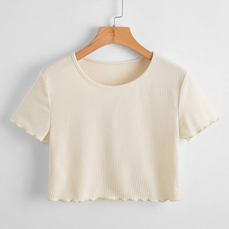 

Solid Lettuce Trim Ribbed Crop Tee, Beige