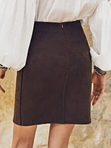 SHEIN Solid Zip Back Skirt - Chocolate Brown - View 2