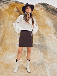 SHEIN Solid Zip Back Skirt - Chocolate Brown - View 3