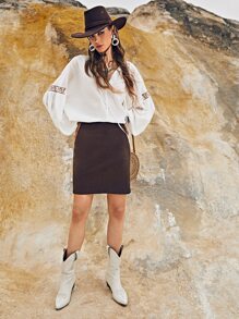 SHEIN Solid Zip Back Skirt - Chocolate Brown - View 4