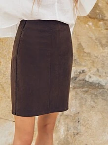 SHEIN Solid Zip Back Skirt - Chocolate Brown - View 5