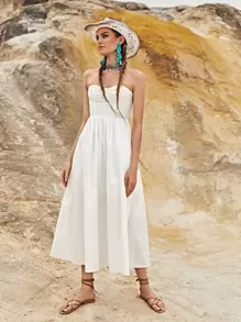 SHEIN Vestido Cremallera Liso Bohemio - Blanco - Ver 1