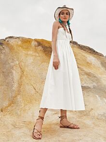 SHEIN Vestido Cremallera Liso Bohemio - Blanco - Ver 4