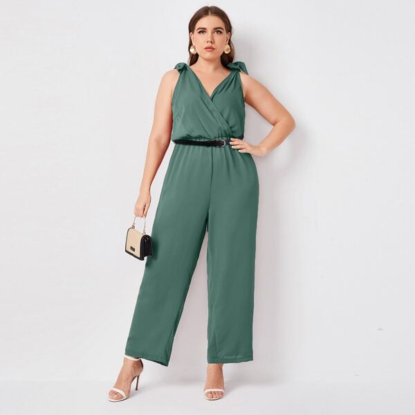 

Plus Surplice Front Knot Shoulder Belted Culotte Jumpsuit, Green