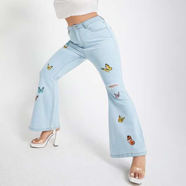 

Plus High Waist Ripped Butterfly Embroidery Flare Leg Jeans, Light wash