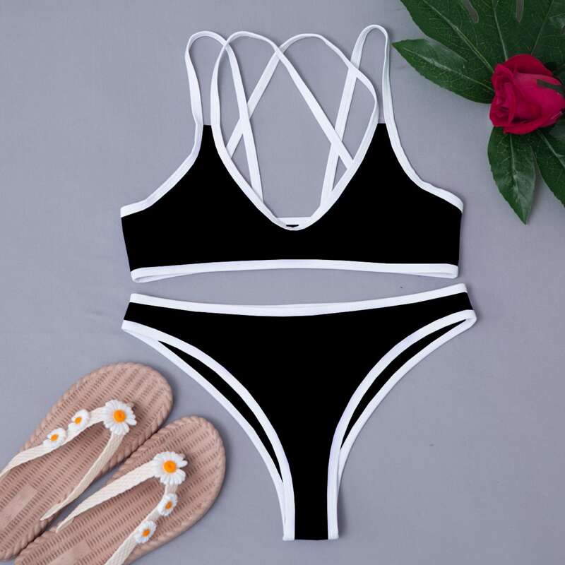 

Contrast Binding Bikini Swimsuit, Black
