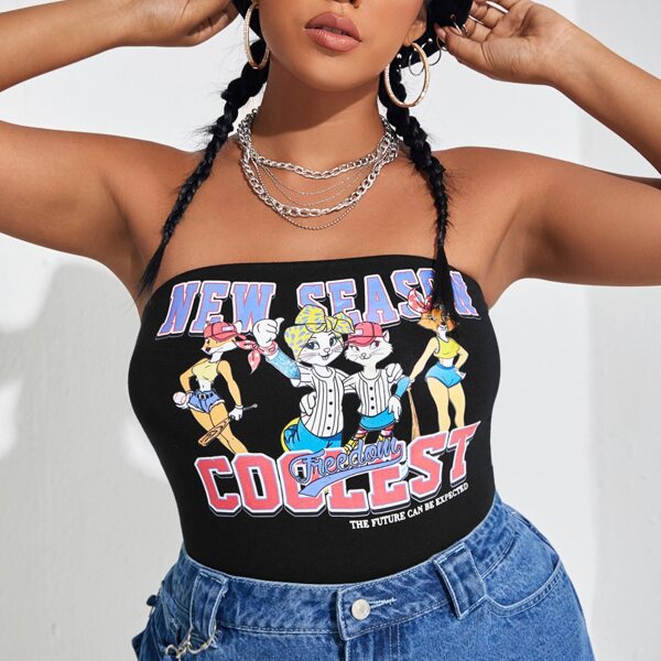 

Plus Letter & Cartoon Graphic Tube Top, Black