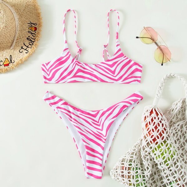 

Zebra Stripe High Cut Bikini Swimsuit, Multicolor