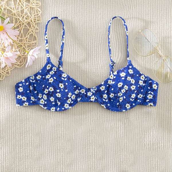 

Ditsy Floral Pattern Underwire Bikini Top, Blue