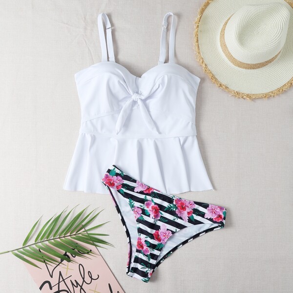 

Random Tropical Print Knot Ruffle Bikini Swimsuit, White