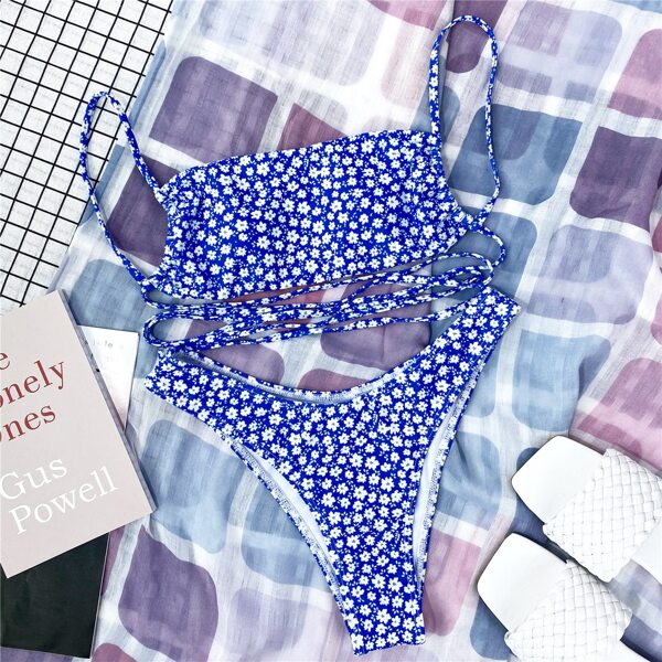 

Ditsy Floral High Cut Bikini Swimsuit, Blue and white