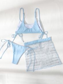 3套交織式比基尼套裝和網眼沙灘裙 - 淺藍色 - 查看 2