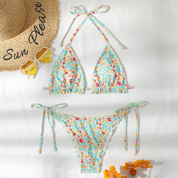 

Ditsy Floral Lettuce Trim Tie Side Bikini Swimsuit, Multicolor