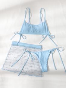 3套交織式比基尼套裝和網眼沙灘裙 - 淺藍色 - 查看 5