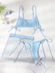 3套交織式比基尼套裝和網眼沙灘裙 - 淺藍色 - 查看 6