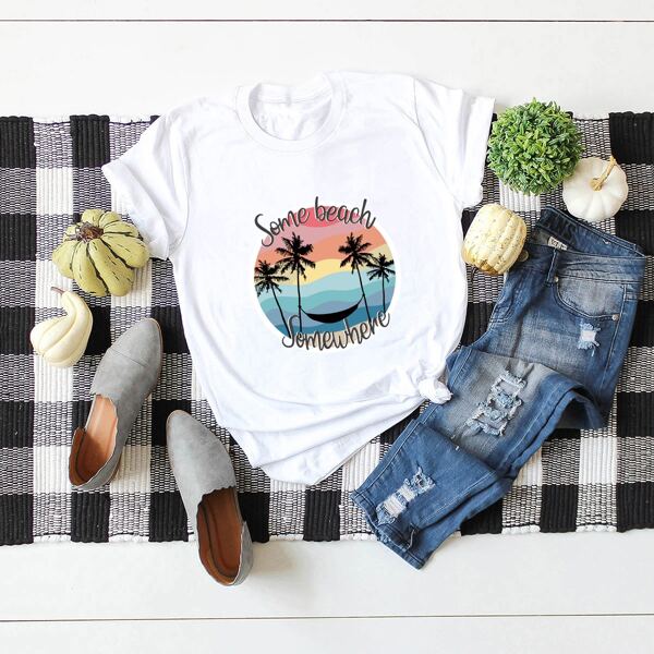 

Slogan & Tropical Print Tee, White