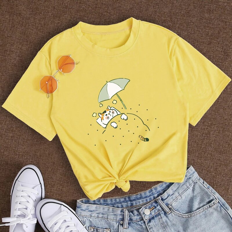 

Cat Cartoon Graphic Tee, Yellow