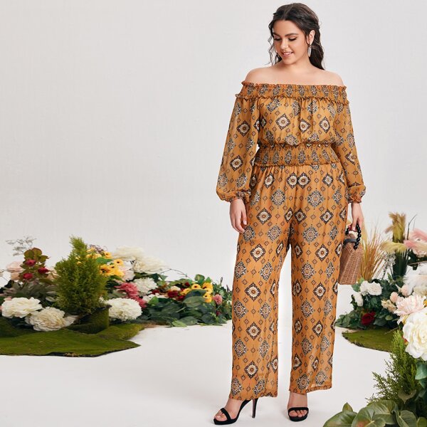 

Plus Off Shoulder Shirred Panel Graphic Print Jumpsuit, Mustard yellow