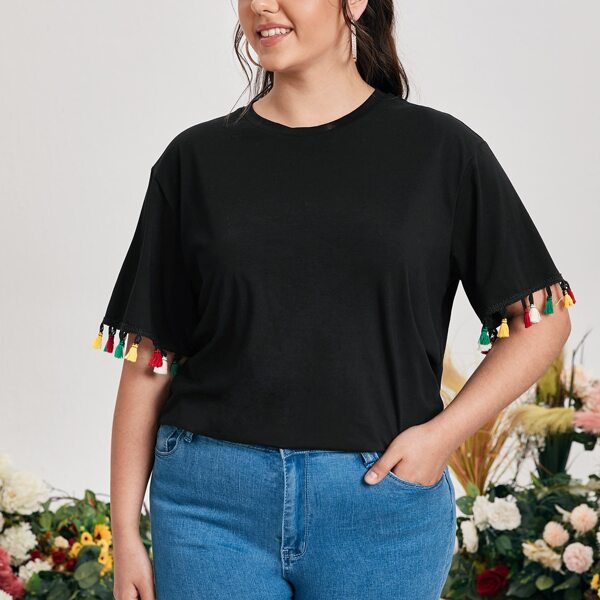 

Plus Tassel Trim Cuff Top, Black
