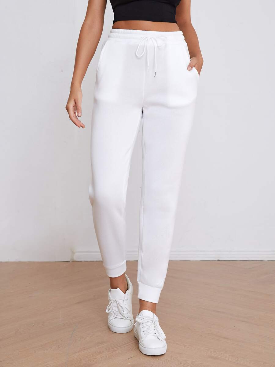 Muchica Solid Drawstring Waist Slant Pocket Joggers - White - View 1