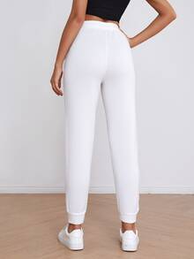 Muchica Solid Drawstring Waist Slant Pocket Joggers - White - View 2