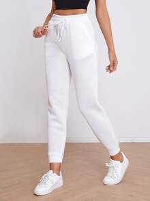 Muchica Solid Drawstring Waist Slant Pocket Joggers - White - View 3