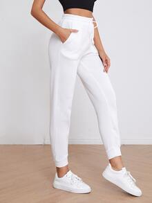 Muchica Solid Drawstring Waist Slant Pocket Joggers - White - View 4