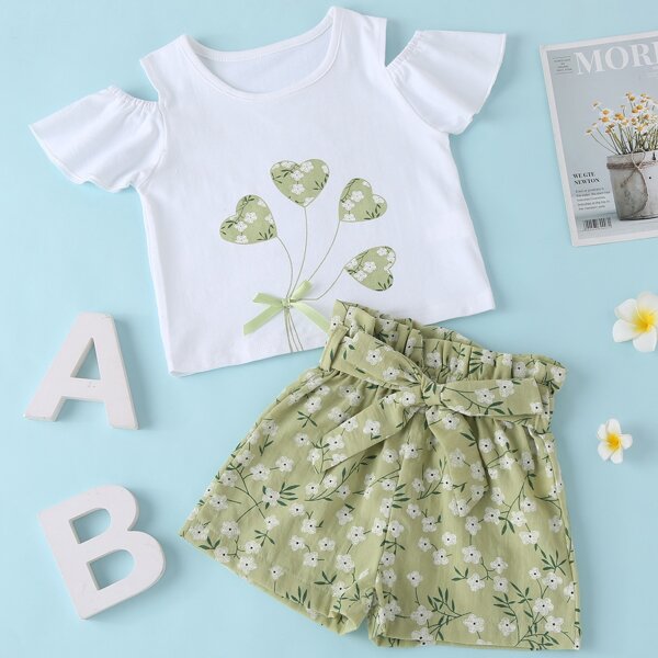 

Toddler Girls Floral Print Cold Shoulder Bow Tee & Belted Shorts, Multicolor