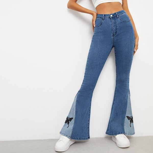 

High Waist Butterfly Print Contrast Panel Flare Leg Jeans, Medium wash