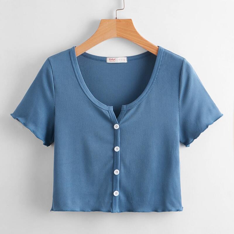 

Solid Button Front Ribbed Crop Tee, Navy blue