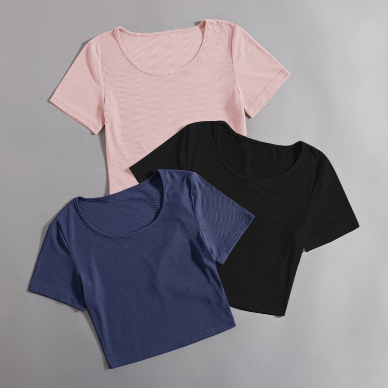

3pcs Solid Crop Tee, Multicolor