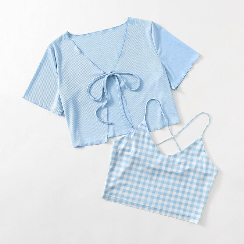 

Gingham Crop Cami & Tie Front Crop Top, Blue and white