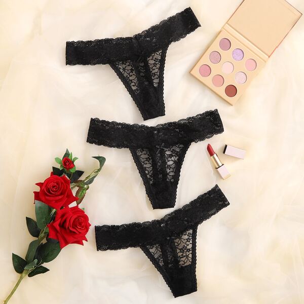 

3pack Floral Lace No Show Panty Set, Black