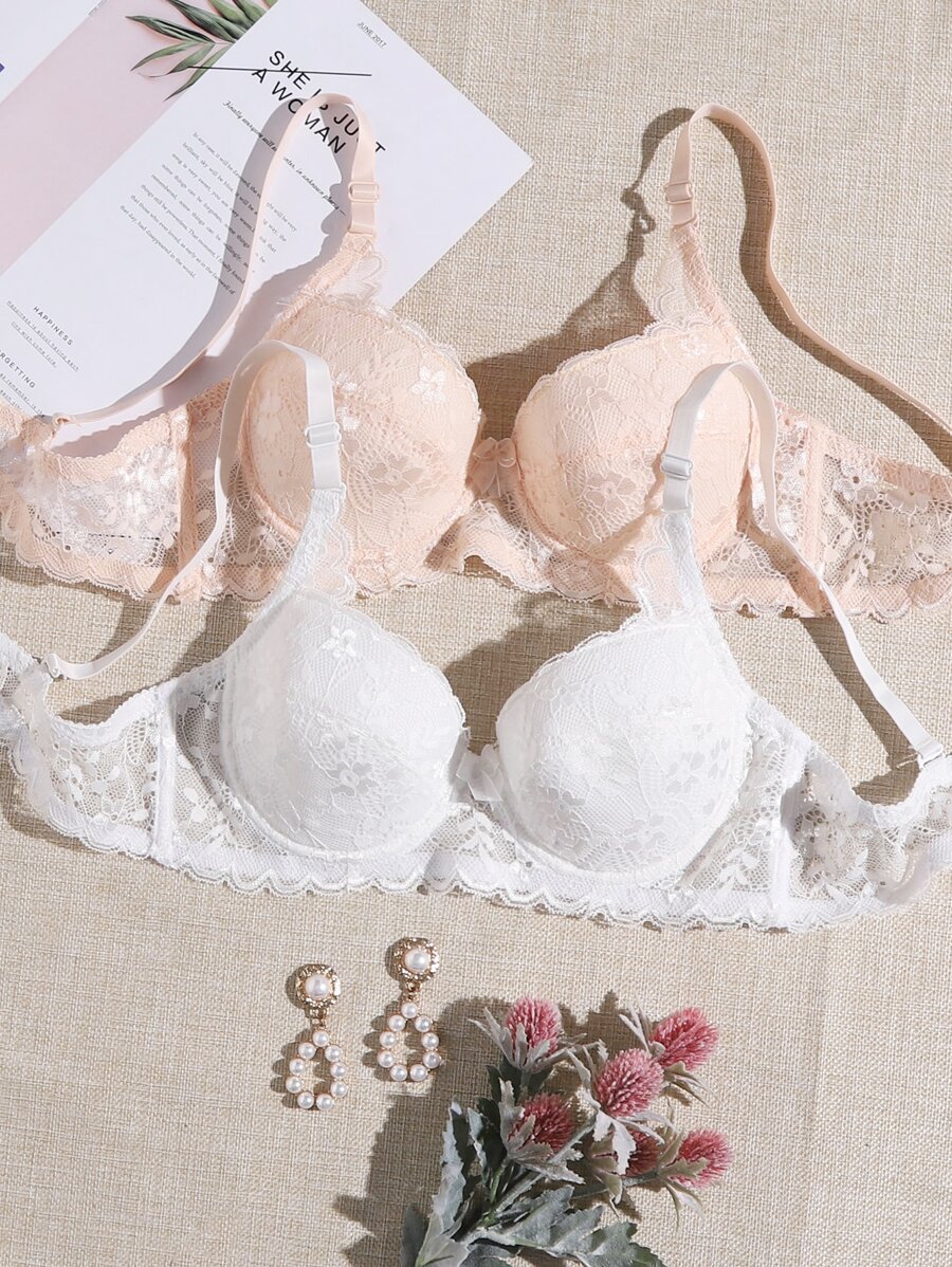 2 Packs Floral Lace Underwire Bra Set Lingerie - Multicolor - View 1