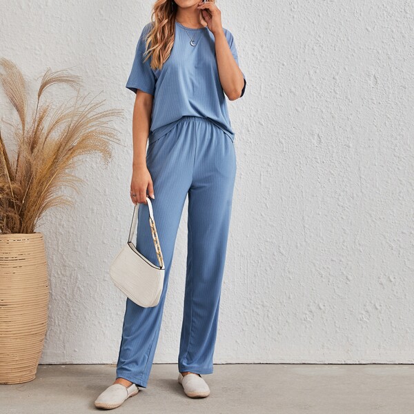 

Solid Rib-knit Drop Shoulder Tee & Pants, Dusty blue