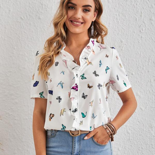 

Butterfly Print Ruffle Trim Blouse, White