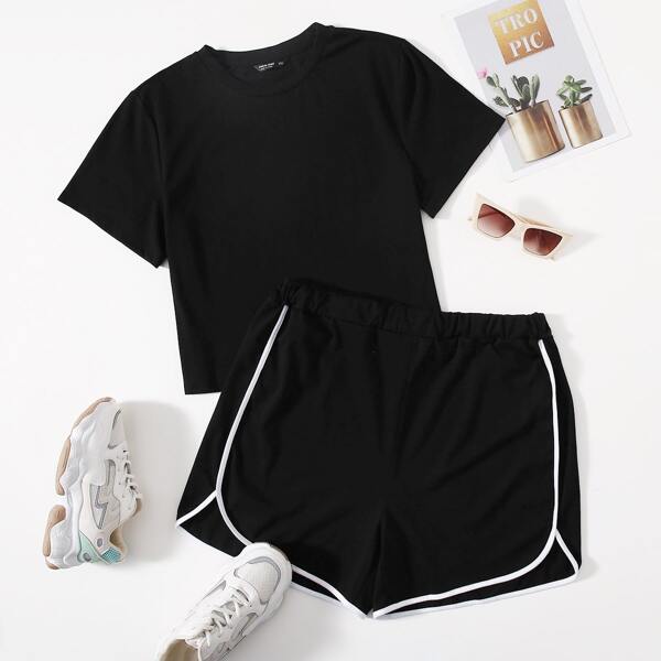 

Plus Solid Top & Contrast Binding Dolphin Shorts Set, Black