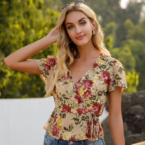 

All Over Floral Print Knot Side Wrap Blouse, Multicolor