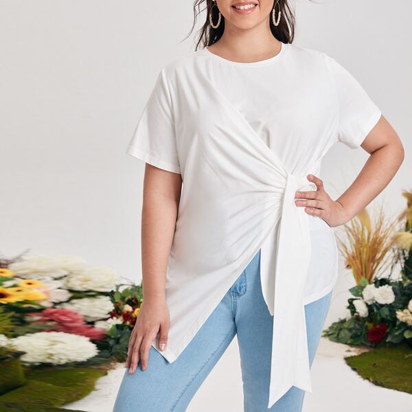 

Plus Tie Front Solid Tee, White
