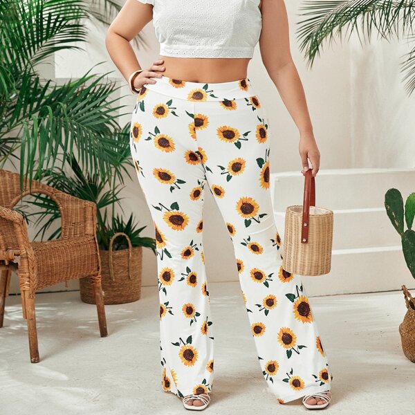 

Plus Sunflower Print Flared Leg Pants, White